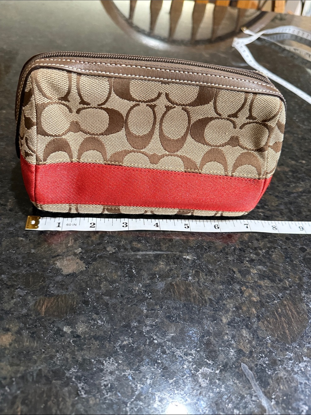 Coach Brown and Orange Signature Canvas Cosmetic Pouch